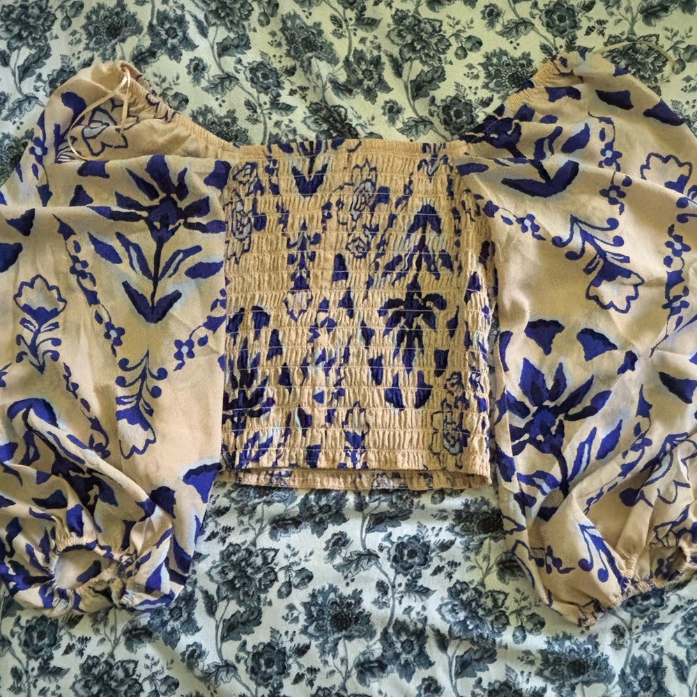 Sienna Sky Blue and Gold Smocked Ruffled Crop Blouse